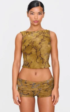 Khaki Floral Print Devore Boat Neck Top