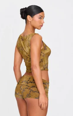 Khaki Floral Print Devore Boat Neck Top