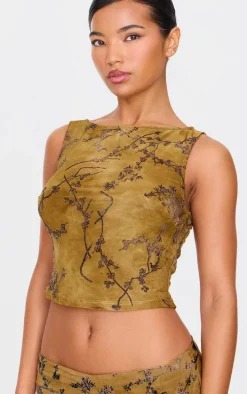 Khaki Floral Print Devore Boat Neck Top