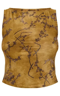 Khaki Floral Print Devore Boat Neck Top