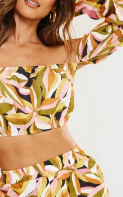 Khaki Floral Print Linen Look Bardot Puff Sleeve Beach Top