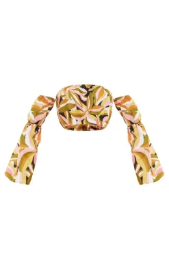 Khaki Floral Print Linen Look Bardot Puff Sleeve Beach Top