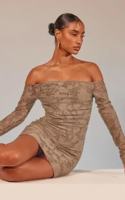 Khaki Floral Sheer Burnout Bardot Bodycon Dress