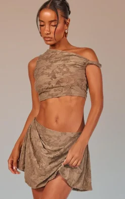 Khaki Floral Sheer Burnout Asymmetric Crop Top