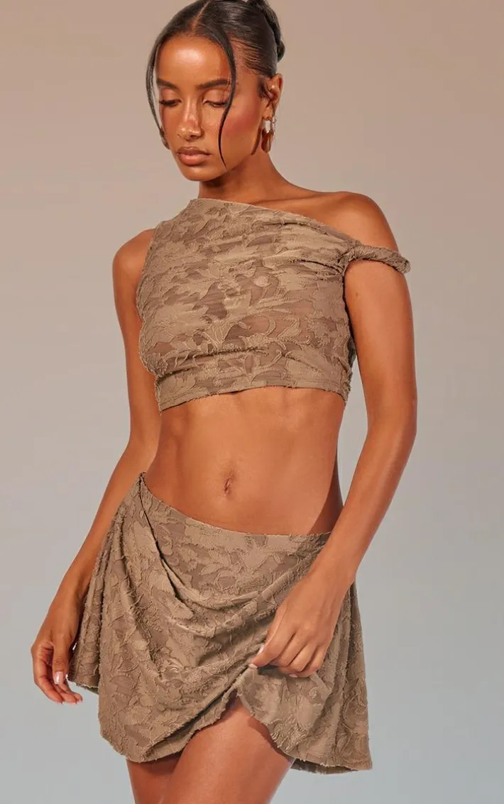 Khaki Floral Sheer Burnout Asymmetric Crop Top