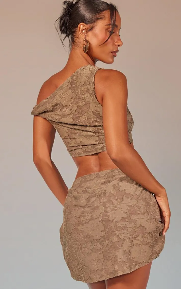 Khaki Floral Sheer Burnout Asymmetric Crop Top