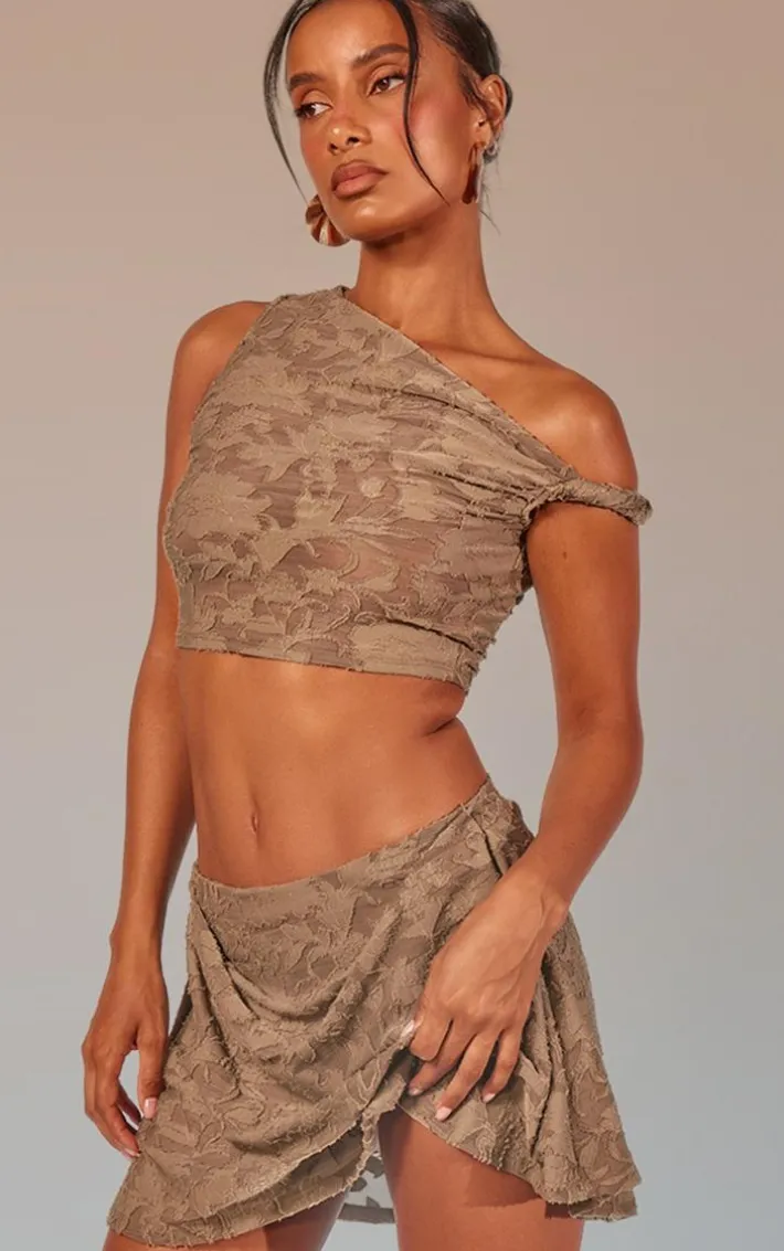 Khaki Floral Sheer Burnout Asymmetric Crop Top