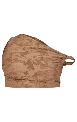 Khaki Floral Sheer Burnout Asymmetric Crop Top