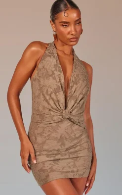 Khaki Floral Sheer Burnout Knot Cowl Bodycon Dress