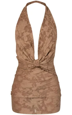 Khaki Floral Sheer Burnout Knot Cowl Bodycon Dress