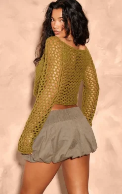 Khaki Flower Embossed Crochet Oversized Top