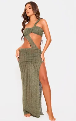 Khaki Gold Trim Bandeau Cut Out Maxi Beach Dress