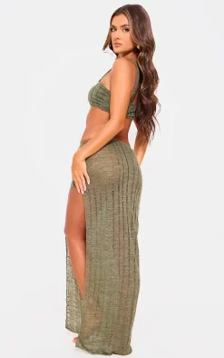 Khaki Gold Trim Bandeau Cut Out Maxi Beach Dress