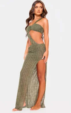 Khaki Gold Trim Bandeau Cut Out Maxi Beach Dress