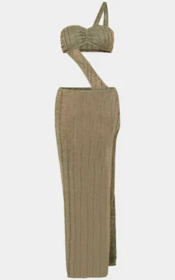 Khaki Gold Trim Bandeau Cut Out Maxi Beach Dress