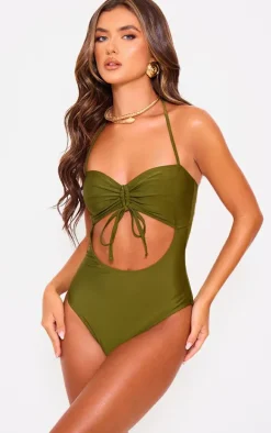 Khaki Halter Neck Cut Out Swimsuit