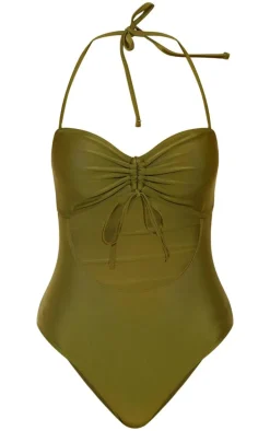 Khaki Halter Neck Cut Out Swimsuit