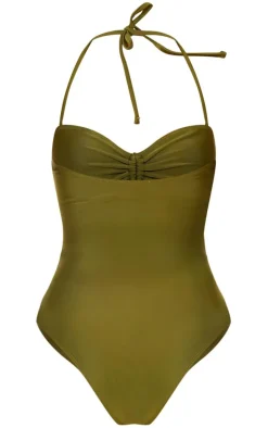Khaki Halter Neck Cut Out Swimsuit