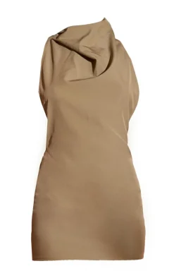 Khaki High Neck Cowl Backless Bodycon Dress