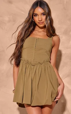 Khaki Hook And Eye Ruched Shift Dress