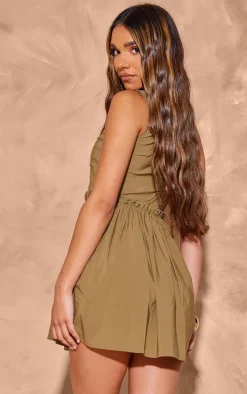 Khaki Hook And Eye Ruched Shift Dress