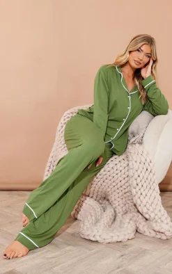 Khaki Jersey Piping Detail Long PJ Set