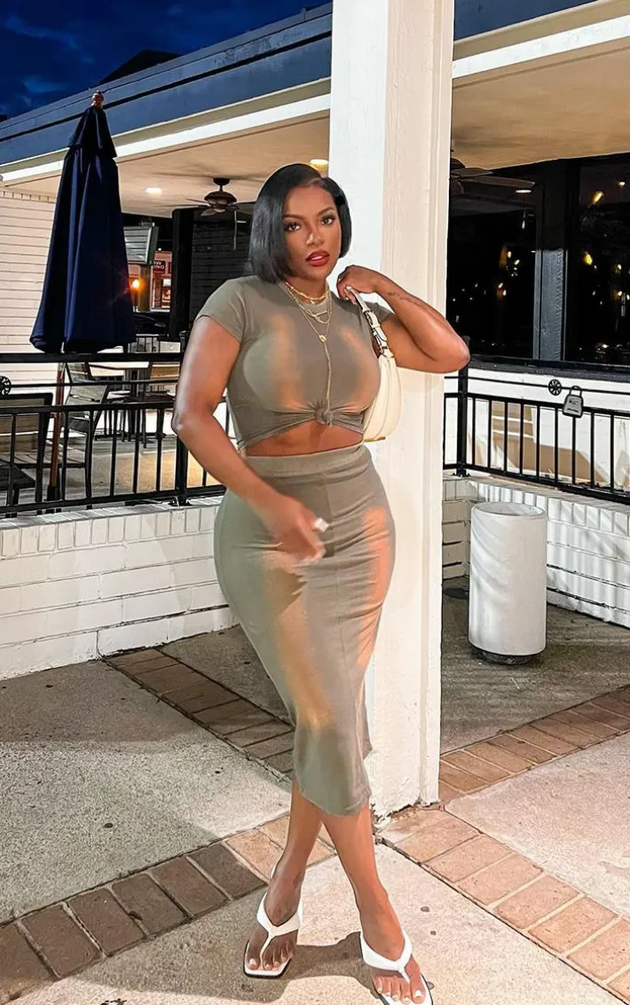 Khaki Jersey Washed Binding Detail Midi Skirt