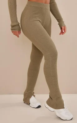 Khaki Knitted Split Hem Flare Pants