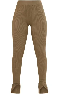 Khaki Knitted Split Hem Flare Pants
