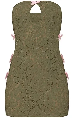 Khaki Lace Bow Detail Cut Out Bandeau Bodycon Dress