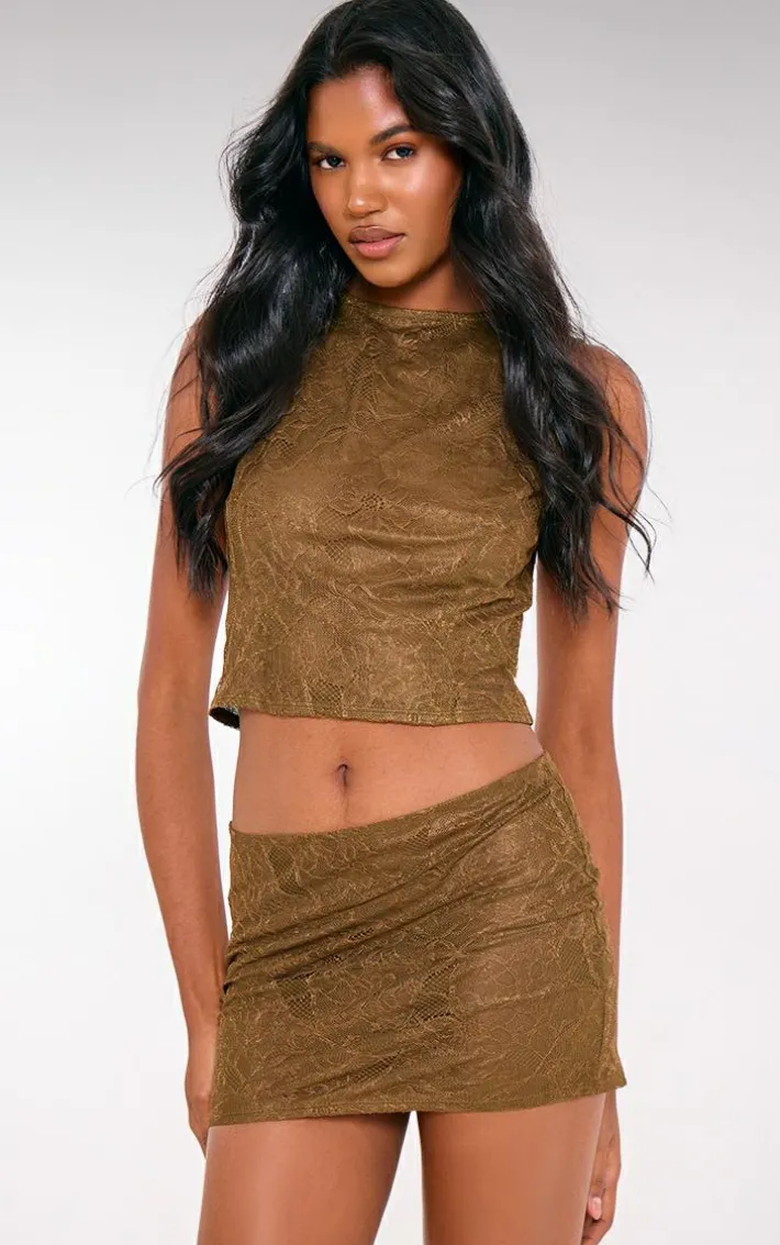 Khaki Lace Fitted Sleevless Long Line Top
