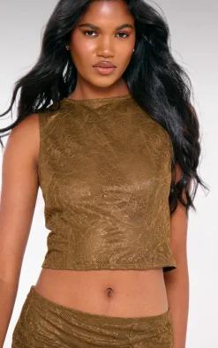 Khaki Lace Fitted Sleevless Long Line Top