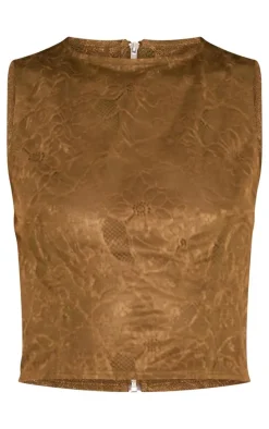 Khaki Lace Fitted Sleevless Long Line Top