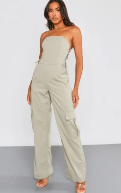 Khaki Lace Up Bandeau Cargo Pocket Detailed Jumpsuit