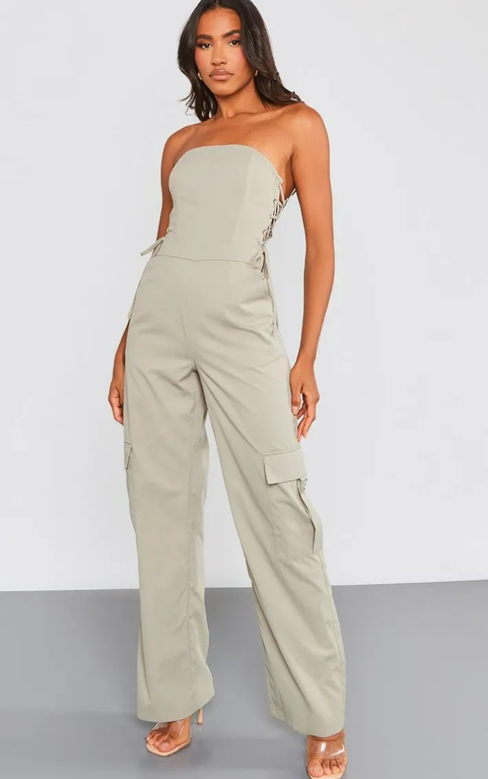 Khaki Lace Up Bandeau Cargo Pocket Detailed Jumpsuit