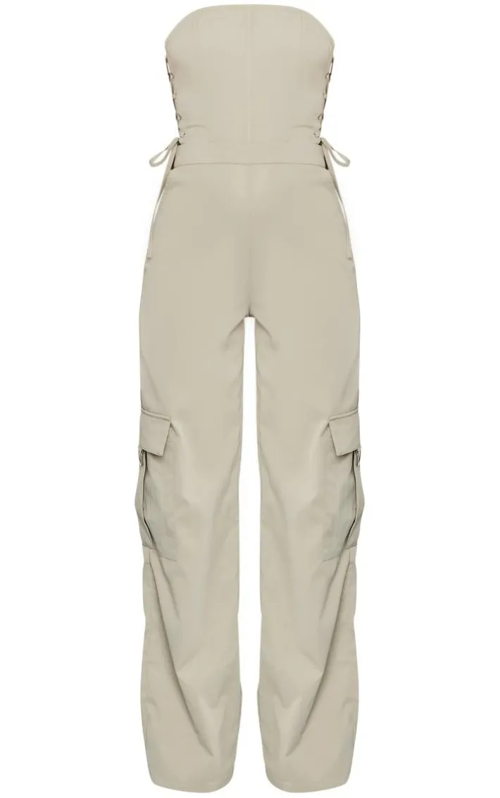 Khaki Lace Up Bandeau Cargo Pocket Detailed Jumpsuit