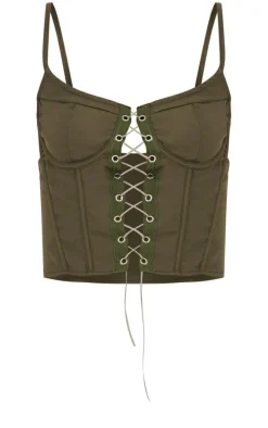 Khaki Lace Up Detail Corset Crop Top