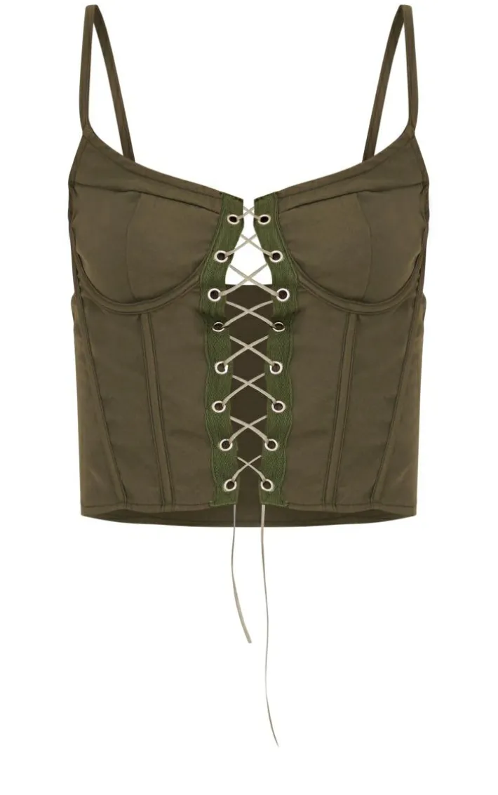Khaki Lace Up Detail Corset Crop Top