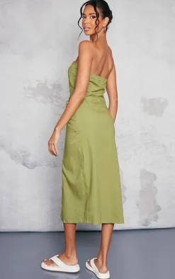 Khaki Linen Look Bandeau Ruched Detail Midaxi Dress
