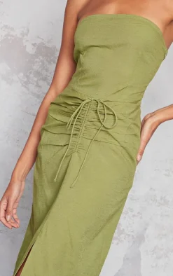 Khaki Linen Look Bandeau Ruched Detail Midaxi Dress