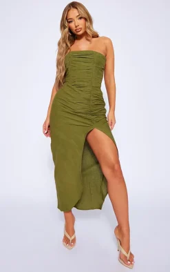 Khaki Linen Look Bandeau Pleated Ruched Midi Dress