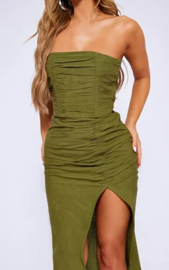 Khaki Linen Look Bandeau Pleated Ruched Midi Dress