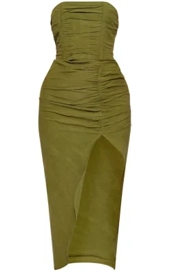 Khaki Linen Look Bandeau Pleated Ruched Midi Dress