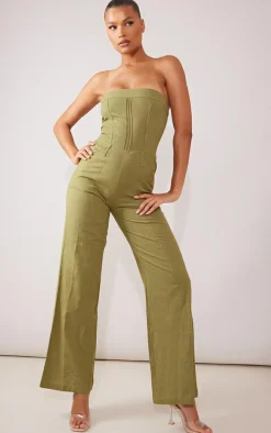 Khaki Linen Look Bandeau Tailored Jumpsuit
