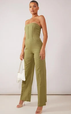Khaki Linen Look Bandeau Tailored Jumpsuit