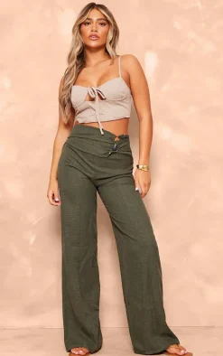 Khaki Linen Look Bead Trim Belted Wide Leg Pants