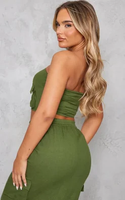 Khaki Linen Look Cargo Pocket Bandeau Corset