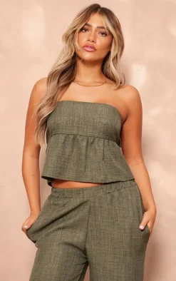 Khaki Linen Look Floaty Bandeau Top