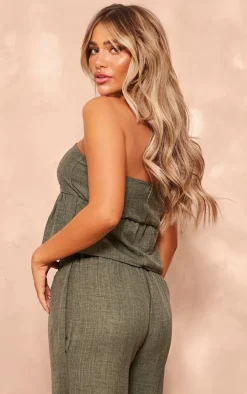 Khaki Linen Look Floaty Bandeau Top