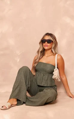 Khaki Linen Look Floaty Bandeau Top